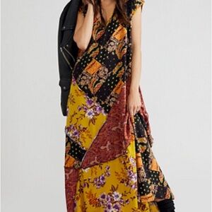 Free People Desert Flower Patchwork Floral Maxi Dress in Mustard and Black